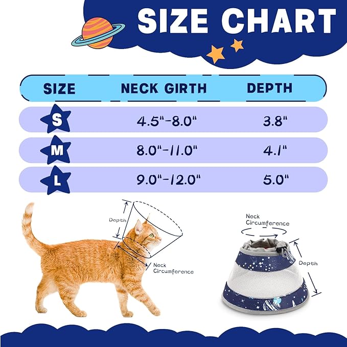Breathable Air Mesh Cat Cone Collar Soft - Adjustable Recovery Collar to Stop Licking After Surgery, Foldable Lightweight E-Collar for Cats & Kittens (Sky Star, S)-PawvioPets