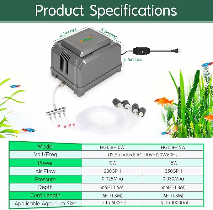 hygger Aquarium Air Pump 10W/15W 0.025Mpa/0.03Mpa Powerful Adjustable Fish Tank Air Pump 4 Outlets Oxygen Aerator for Medium Large Fish Tank Up to 1000 Gallon,Samll Pond,Hydroponics,Commercial Use-PawvioPets