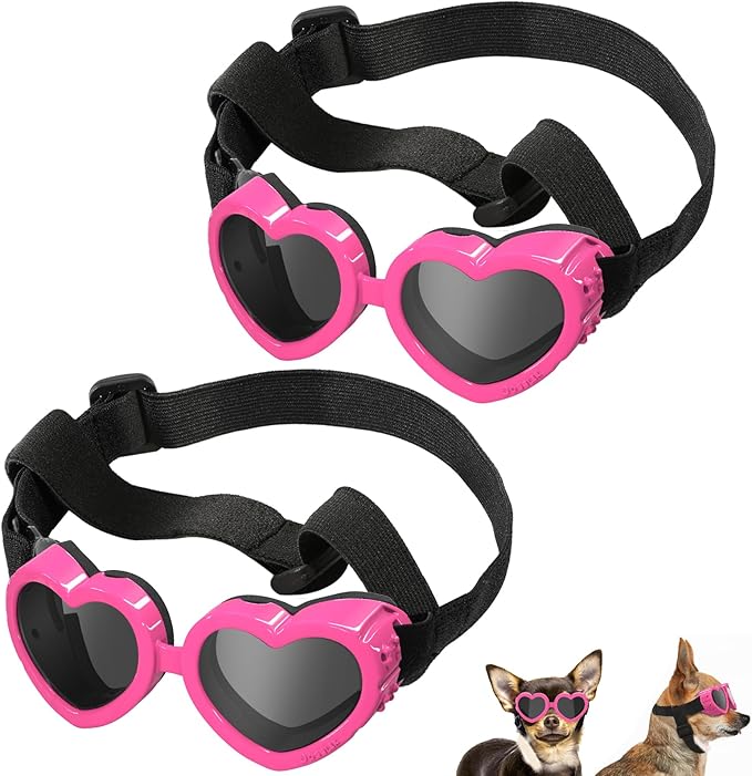 2 Pack Small Dog Sunglasses UV Protection Goggles Eye Wear Protection with Adjustable Strap Doggy Heart Shape Anti-Fog Sunglasses for Pet Dogs Sun Glasses Doggie Windproof Glasses, Pink-PawvioPets