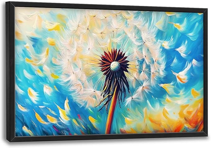 Extra Large Abstract Dandelion Framed Wall Art for Living Room,Oversized Colorful Dandelion Flower Pictures Wall Decor,Blue Canvas Print Painting Modern Artwork Bedroom Office Bathroom 36L" x 24W"-PawvioPets