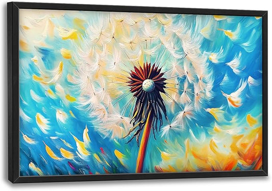 Extra Large Abstract Dandelion Framed Wall Art for Living Room,Oversized Colorful Dandelion Flower Pictures Wall Decor,Blue Canvas Print Painting Modern Artwork Bedroom Office Bathroom 36L" x 24W"-PawvioPets