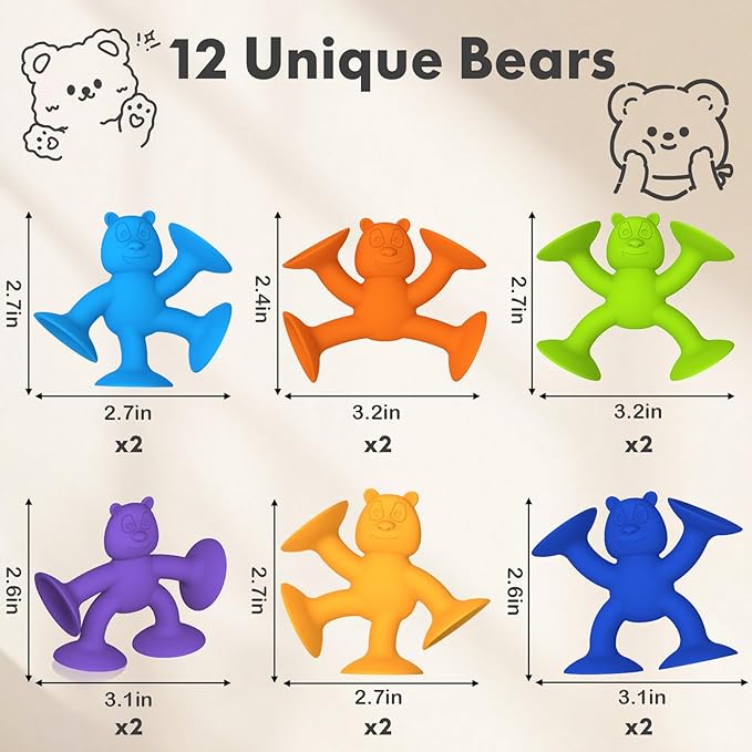 Cute Bear Suction Cup Toy Bath Toys for Kids Ages 4-8 No Hole Bathtub Sensory Toy Airplane Toys for Toddlers 1-3, Connect Build Create Baby Toys, 12 PCS-PawvioPets