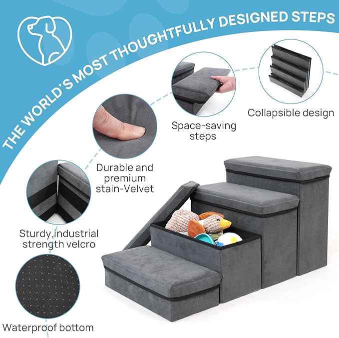 Foldable Dog Stairs 4 Tier Pet Steps, for Small Medium Dogs Pet Steps Storage Stepper for High Beds Sofa (4 Step)-PawvioPets