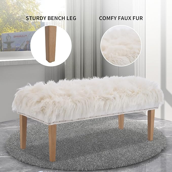 46 Inch White Bedroom Bench, Modern Multi-Purpose Bench with Wooden Legs, Faux Fur Upholstered, 3-Seater, 220 lbs Weight Capacity-PawvioPets