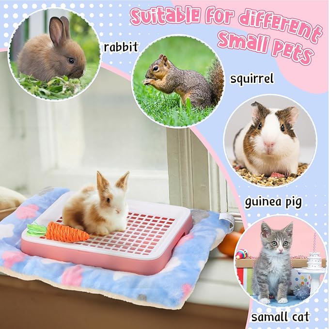 19 Pcs Rabbit Starter Kit Small Bunny Litter Box Rabbit Grooming Kit Water Bottle Bunny Toys Hay Feeder Bowl Blankets with Cleaning Set for Guinea Pig Accessories (Pink-White,Strawberry Bear)-PawvioPets
