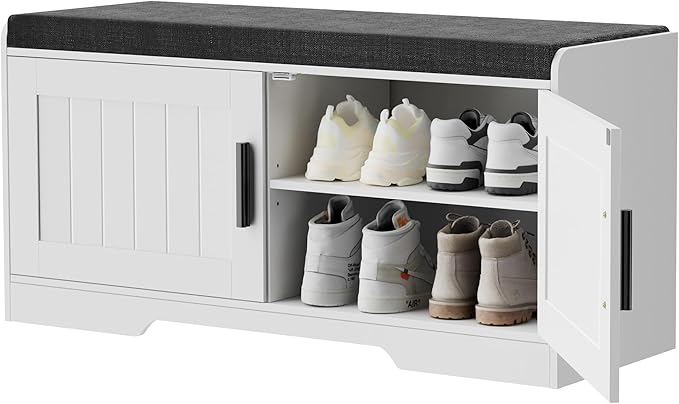2-Tier Storage Bench, Shoe Bench with Thickened Padded Seat Cushion, Entryway Bench with 2 Doors, Adjustable Shelf, 13.8" D x 37.4" W x 18.5" H, for Entryway, Living Room, Bedroom, White-PawvioPets