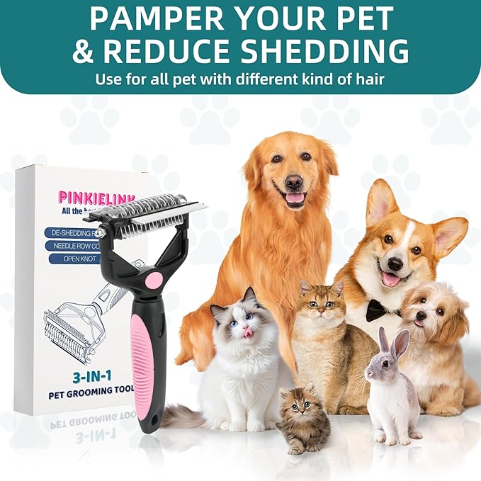 3-IN-1 Pet Grooming Tool - Undercoat Rake, Dematting Comb & Deshedding Brush for Cats & Dogs - Removes Mats, Tangles & Loose Fur, Reduces Shedding & Prevents Hair Mess (Pink)-PawvioPets