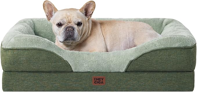 EHEYCIGA Memory Foam Dog Bed for Medium Size, Orthopedic Dog Sofa with Sides and Waterproof Liner, Washable Bolster Pet Couch with Removable Cover, 30x20x6.5 Inch, Green-PawvioPets