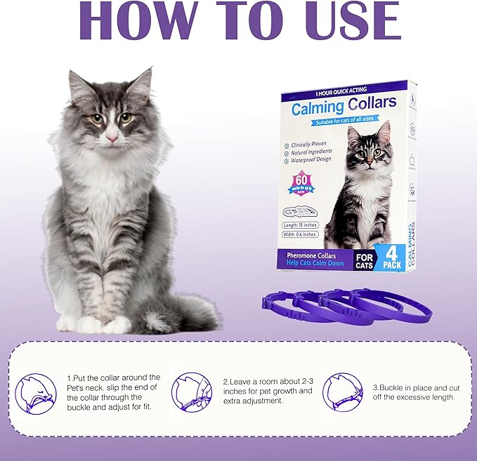 4 Pack Calming Collar for Cats - Long-Lasting Anxiety and Stress Relief, Relaxing Cat Collar,Adjustable Pheromones Collar for Cats，Natural Soothing 60 Days of Continuous Calming Move-PawvioPets