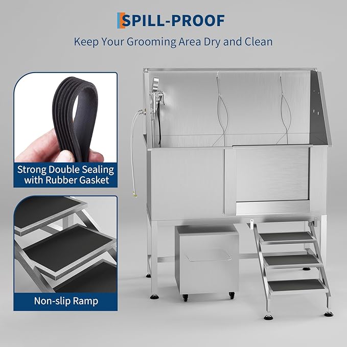 50" Stainless Steel Professional Dog Washing Station - Pet Bathing Tub w/Non-Slip Stairs & Storage Shelf | Slip-Resistant Floor Grate | for Large/Medium/Small Dogs-PawvioPets