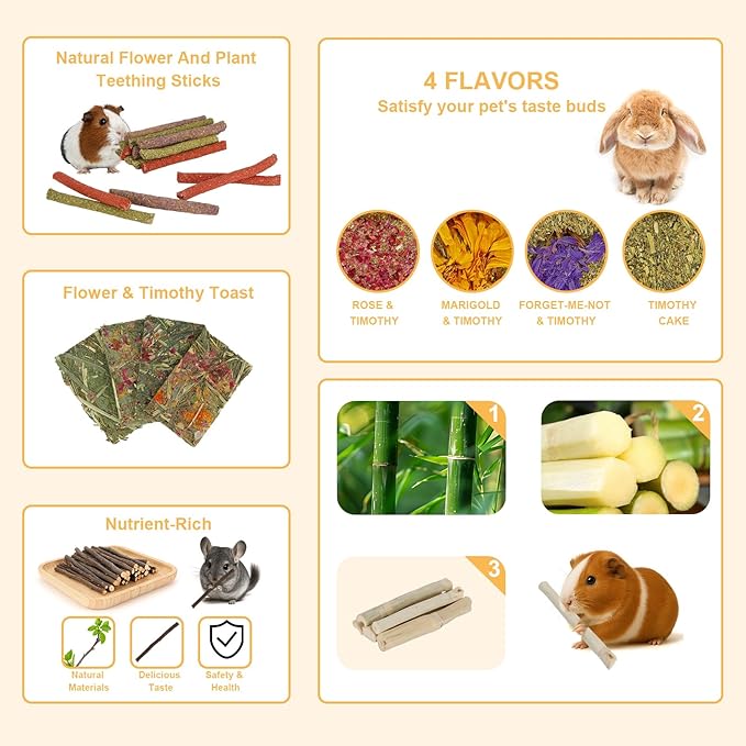 65PCS Rabbit Bunny Guinea Pig Chew Toys Treats, Chinchilla Hamster Chews Toys for Teeth, Timothy Hay Chips Treats Sticks for Rabbit Guinea Pig Chinchilla Hamster Rat-PawvioPets