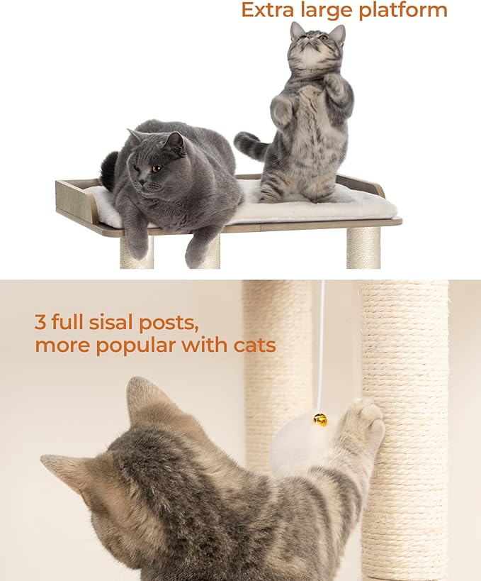 FourFurPets 22in Cat Tree Tower Condo, Cat Scratch Posts for Indoor Cats, Big Plate, Three 23.6in Full Sisal Scratching Posts, Greige-PawvioPets