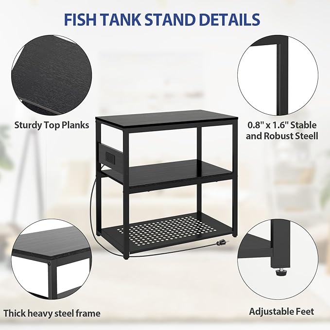 20-29 Gallon Fish Tank Stand with Power Outlets, 3-Tier Metal Aquarium Stand, Breeder Reptile Tank Stand with Shelf for Home Office, 660LBS Capacity, 29.5 x 15.8 x 30.1 inches, Black-PawvioPets