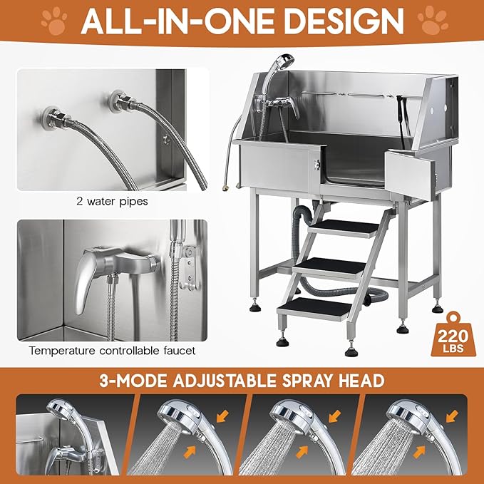 Albott 34 Inch Stainless Steel Dog Washing Station with Non-Slip Steps, Sprayer, Faucet, Tow Rope – Professional Pet Bathtub for Small Dogs, Great for Home, Garage, Salon (Left Door)-PawvioPets