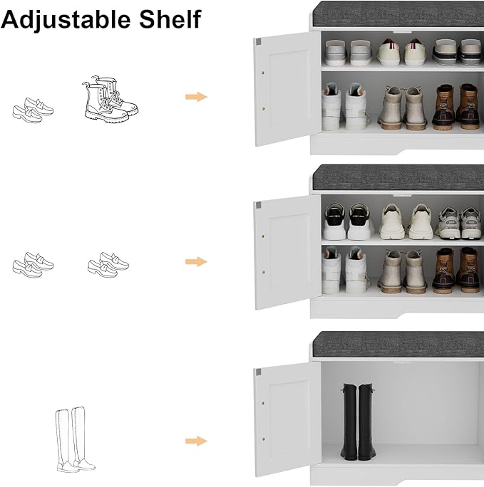 2-Tier Storage Bench, Shoe Bench with Thickened Padded Seat Cushion, Entryway Bench with 4 Doors, Adjustable Shelf, 13.8" D x 45.3" W x 18.5" H, for Entryway, Living Room, Bedroom, White-PawvioPets