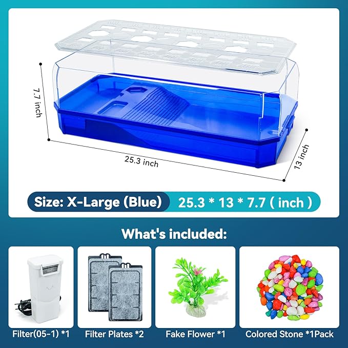Aquatic Turtle Tank Habitat Kit Stone+Filter+Heat Lamp Enhancing Interaction with 360° Viewing, Standalone Filtration, DIY Creative Zone, Enriched Living (Blue, XL[Without Light])-PawvioPets