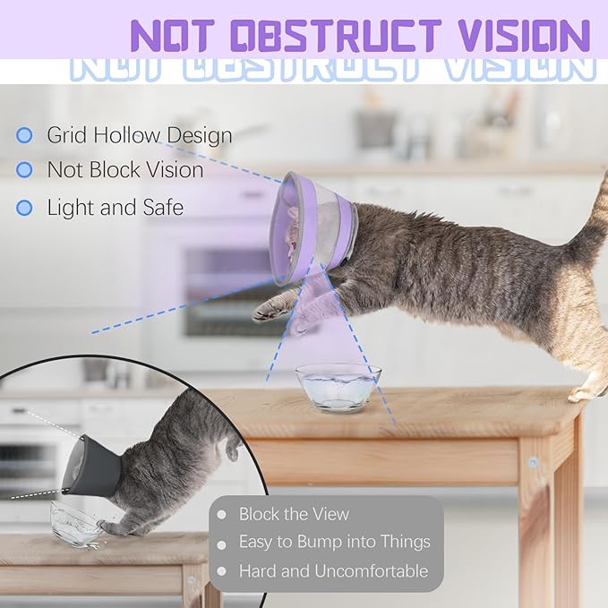 Breathable Air Mesh Cat Cone Collar Soft to Stop Licking, Adjustable, Foldable Lightweight Kitten Cones After Surgery Recovery for Cats & Kittens (Purple, S)-PawvioPets