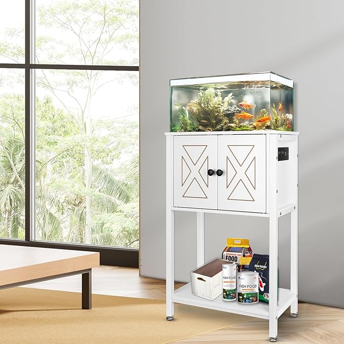 5-10 Gallon Fish Tank Stand, Heavy Duty Aquarium Stand with Cabinet & Power Outlets for Fish Tank Accessories Storage, Double Reptile Terrarium Stand 20.5" L* 11" W Tabletop, White-PawvioPets