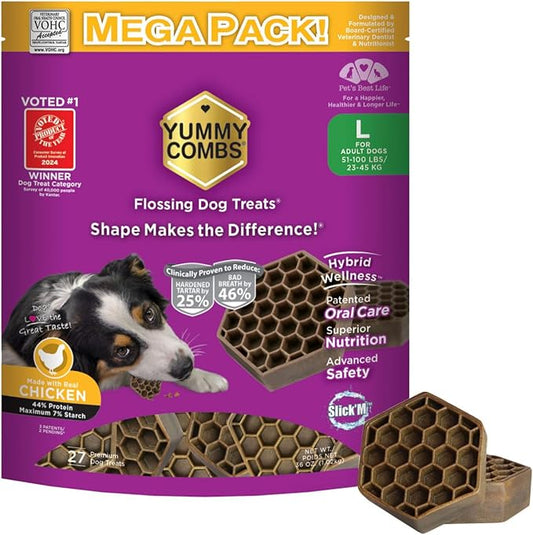 Dog Dental Treats – Vet VOHC Approved – Delicious Chicken Protein – Removes Tartar with Cleaning Comb Shape – Dental Dog Treats for Large Dogs (36oz, 27 Count)-PawvioPets