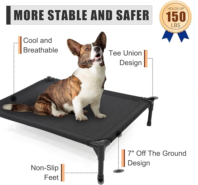 Elevated Dog Bed for Large Dogs, Raised Dog Cot Fits Up to 120 LBs, Heavy Duty Pet Cots with Durable Supportive Teslin Recyclable Washable Mesh, Indoor & Outdoor Pet Bed, Black-PawvioPets