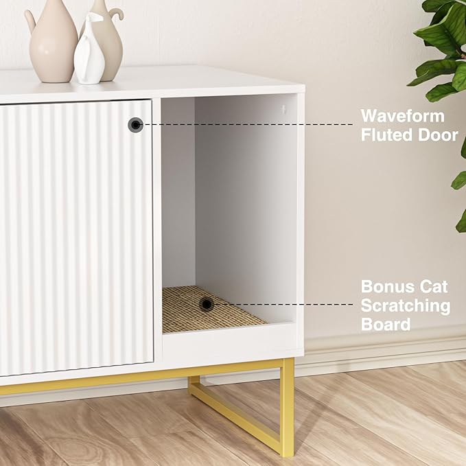Cat Litter Box Enclosure, Fluted Hidden Litter Box Furniture with Scratch Pad and Metal Legs, Modern Enclosed Cat Cabinet, 31.5 x 17.7 x 21.7 Inches Indoor Pet House for Living Room, Washroom, White-PawvioPets
