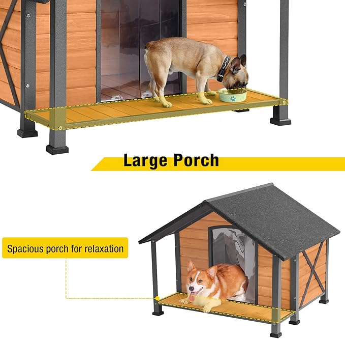 Aivituvin Dog House with Insulated Liner Outdoor All-Around Iron Frame Dog Kennel Outside with Overhang Roof Large Porch Weatherproof-PawvioPets