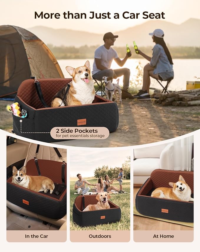Dog Car Seat for Large Medium Dogs, Pet Car Seat Under 55 lbs or 2 Puppies, Removable Washable Pets Travel Booster Bed for Automotive Backseat with Comfy Thick Cushion, 2 Safety Leashes(Black/Brown)-PawvioPets
