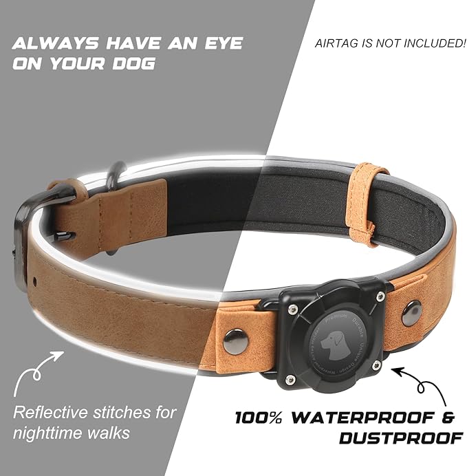 AirTag Dog Collar - Leather Dog Collar with Air Tag Holder | IPX8 Waterproof, Reflective, High - End, Adjustable Soft Padded | Dog GPS Tracker Collars Fit for Medium Large Dogs (Light Brown, XL)-PawvioPets