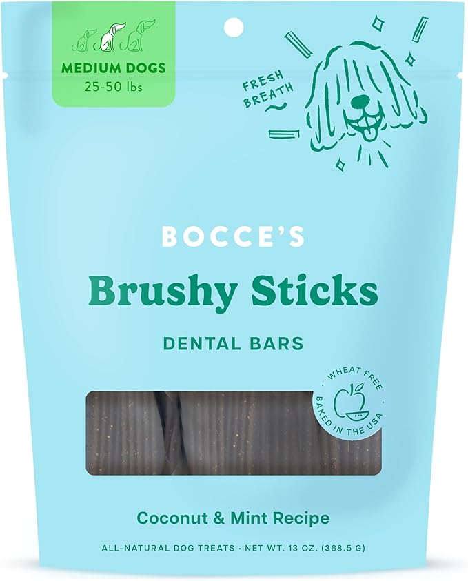 Bocce's Bakery Dailies Brushy Sticks to Support Oral Health & Fresh Breath, Wheat-Free Dental Bars for Dogs, Made with Real Ingredients, Baked in The USA, All-Natural Coconut & Mint, Medium Dogs-PawvioPets