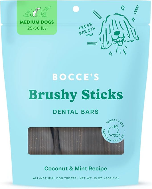 Bocce's Bakery Dailies Brushy Sticks to Support Oral Health & Fresh Breath, Wheat-Free Dental Bars for Dogs, Made with Real Ingredients, Baked in The USA, All-Natural Coconut & Mint, Medium Dogs-PawvioPets