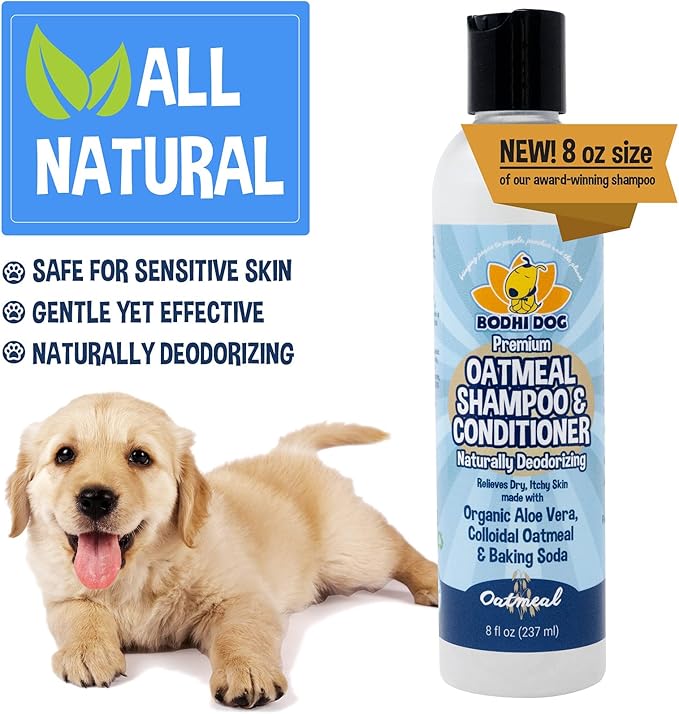 Bodhi Dog Oatmeal Shampoo & Conditioner - Hypoallergenic Formula - Naturally Deodorize Dogs, Cats & Pets - Made w/Organic Ingredients - Moisturizes Dry & Itchy Skin - Made in USA (Oatmeal, 8 Fl Oz)-PawvioPets