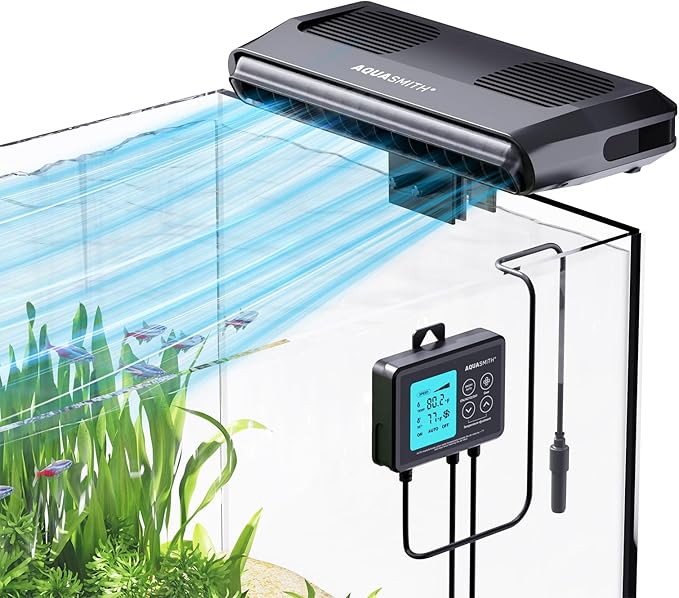 Aquarium Chiller Fan,Fish Tank Cooler with Temperature Control,Minimum Setting 59℉,Auto Start/Stop,Refrigeration Effect 5.4-9℉,3-Speed Modes,for Axolotl Seawater Freshwater Coral Grass Tank-PawvioPets
