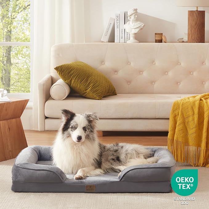 Bedfolks Orthopedic Dog Bed, Big Waterproof Dog Sofa Bed for Large Dogs, Egg Foam Pet Couch Bed with Removable Washable Cover and Nonslip Bottom, Dark Grey-PawvioPets