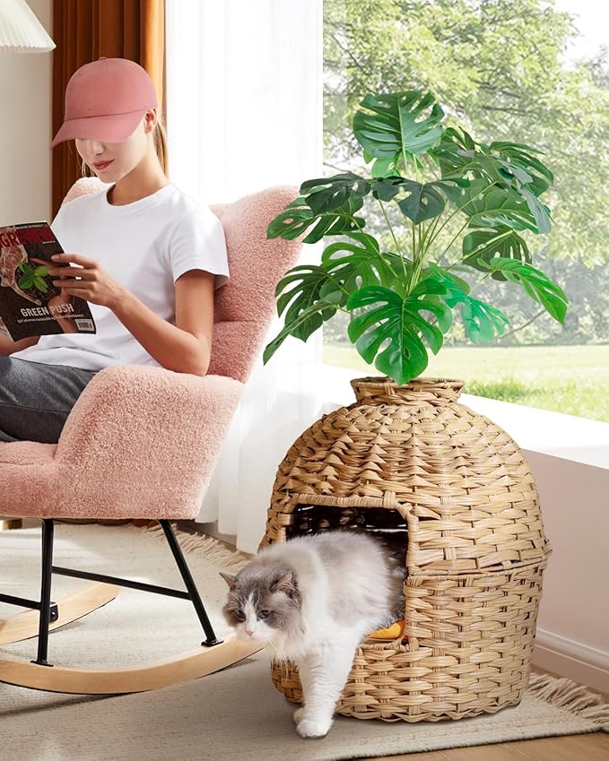 Cat Litter Box Plant Furniture Enclosure, Hidden Handwoven Rattan with Cat Litter Box and Artificial Plants, Odor Control Filter, Real Stones in Living Room, Bedroom, Corner Natural-PawvioPets