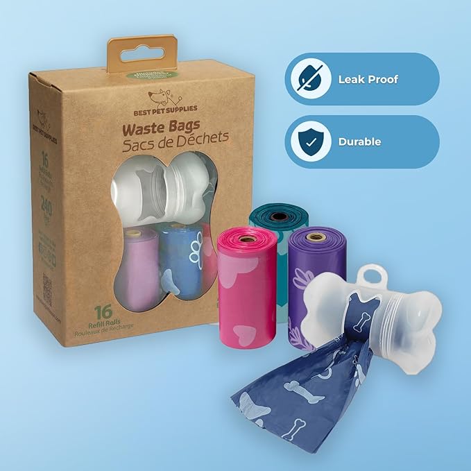 Best Pet Supplies Dog Poop Bags for Waste Refuse Cleanup, Doggy Roll Replacements for Outdoor Puppy Walking and Travel, Leak Proof and Tear Resistant, Thick Plastic - Assorted Colors, 240 Bags-PawvioPets