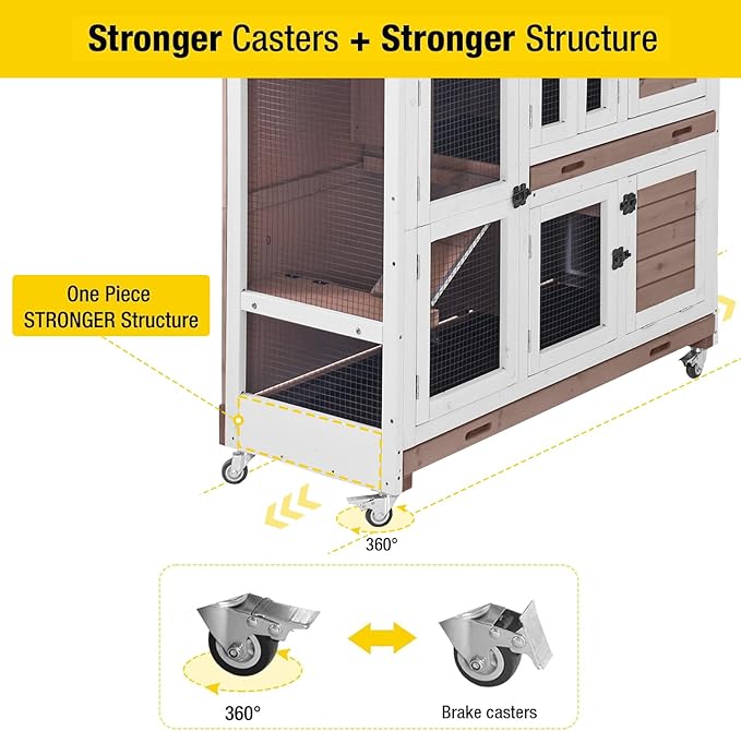 Aivituvin Rabbit Hutch Bunny Cage with Wheels Indoor Outdoor 47" Two Story Guinea Pig Cage with 2 Deep No Leak Tray-PawvioPets