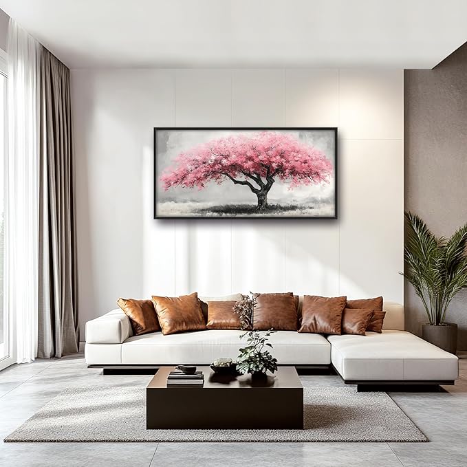 Extra Large Framed Pink Tree Wall Art,Abstract Tree of Life Wall Decor,Pink and Grey Pictures for Living Room,Canvas Print Painting Modern Artwork Bedroom Office Bathroom Home Decor 60L x30W-PawvioPets