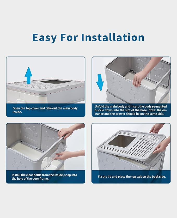 Cat Litter Box with Litter Mat and Scoop, Large Foldable Litter Box with Lid, Front Entry Top Exit Kitty Box, Odor Control, Easy to Clean (Grey)-PawvioPets