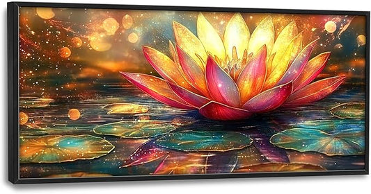 Framed Large Lotus Wall Art for Living Room, Oversized Lotus Flower Wall Decor Zen Golden Floral Canvas Painting Modern Artwork Home Decoration for Living Room Bedroom Office 60"x30"-PawvioPets