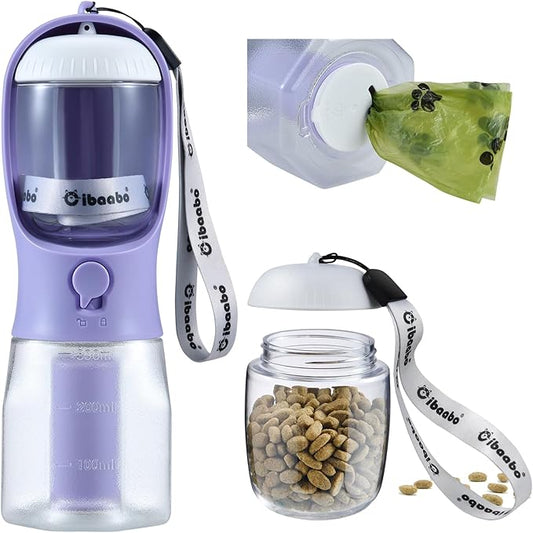 Dog Water Bottle with Food Container & Poop Bag Holder, Travel Water Bowl, Portable Pet Dispenser, Dog Stuff Accessories Items, Puppy Essentials Necessities for Yorkie Chihuahua Walking Hiking-PawvioPets