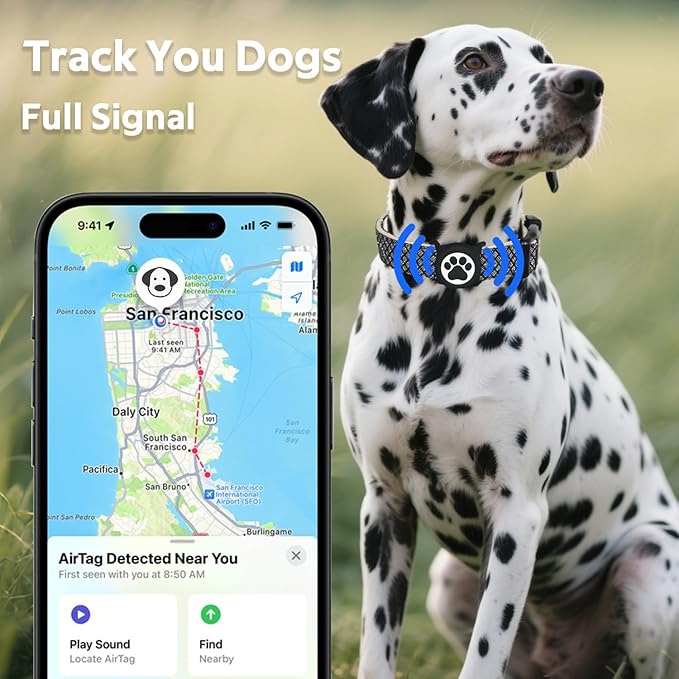 Dog Collar with Waterproof AirTag Holder & Anti-Lost QR Code, Cute Bling Warpping Adjustable Width for Small Medium Large Pet (Black, M)-PawvioPets