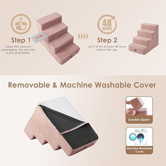 EHEYCIGA Dog Stairs for Bed 18" H, 4-Step Dog Steps for High Bed, Pet Steps for Small Dogs and Cats, Non-Slip Balanced Pet Ramp Indoor, Pink-PawvioPets