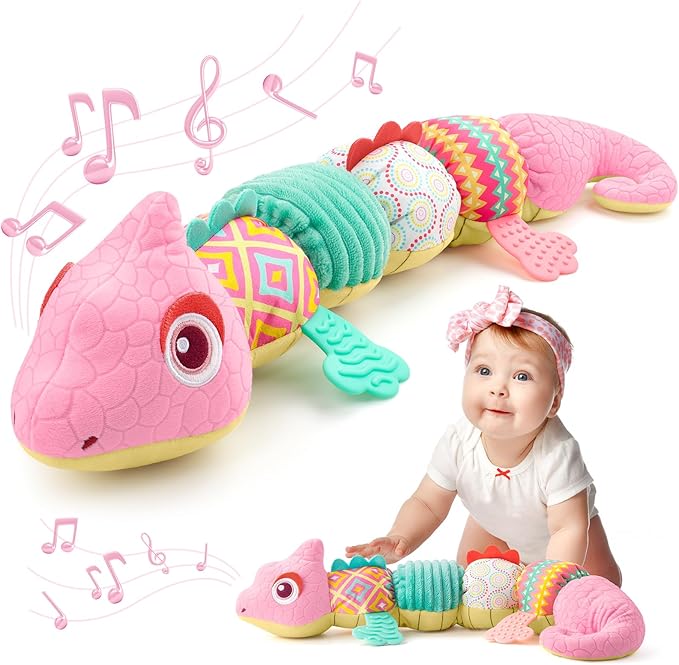 Baby Toys 0-6-12 Months, Musical Stuffed Animal Activity Soft Toys with Multi-Sensory Crinkle,Rattles and Textures,Infant Baby Girl Toys Gifts for Newborn Tummy Time,Dinosaur,Pink-PawvioPets