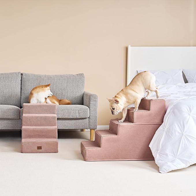 EHEYCIGA Dog Stairs for High Bed 22.5" H, 5-Step Dog Steps for Bed, Pet Steps for Small Dogs and Cats, Non-Slip Balanced Pet Ramp Indoor, Pink-PawvioPets