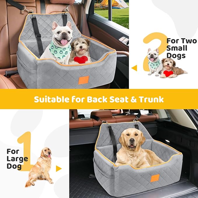 Dog Car Seat for Large/Medium Dog, Booster Seat for Dogs Under 55Lbs or 2 Small Puppy, Detachable and Washable Travel Pet Bed with Thick Cushion and Storage Pockets (Gray)-PawvioPets
