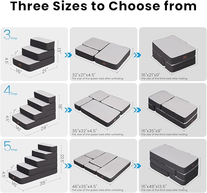 4-Step Adjustable Dog Stairs for Beds, Dog Steps for Small Dogs and Cats, Foldable Pet Stairs for Bed Climbing, Non-Slip Pet Step Indoor, Grey-PawvioPets