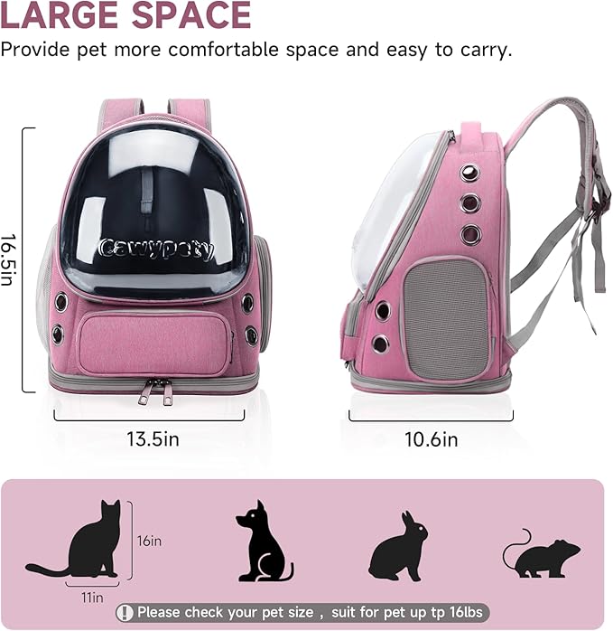 Cat Backpack Carrier, Breathable Cat Carrier Large Space Bubble Pet Backpack for Kitty Small Dog up to 15lbs, Transparent & Foldable Pet Carrier for Travel Hiking（Pink）-PawvioPets