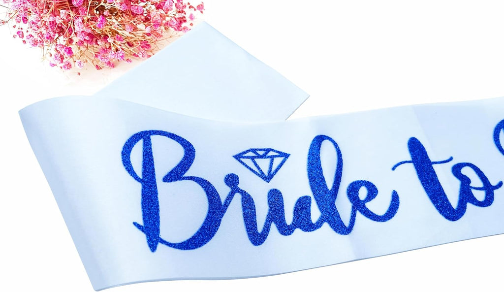 Bride to Be Sash, Bachelorette Party Sash for Bridal Shower Wedding Party Favors Accessories Supplies Engagement Gifts,White Satin with Glitter Letter Blue