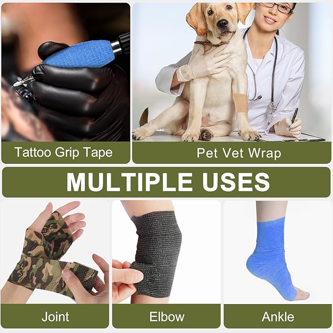 24 Pack Camo Self Adhesive Wrap, 2” x 5 Yards Vet Wrap Cohesive Camo Grip Tape Medical Wrap Self Adherent for Ankle, Wrist Sprains, Pet First Aid-PawvioPets