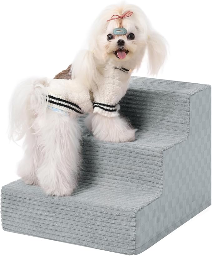 Dog Stairs for Small Dogs,13" H,3-Step Dog Steps for Bed and Couch with High Density Foam,Non-Slip Pet Steps for Doggy and Cat,Pet Stairs with a Washable Cover,Grey-PawvioPets